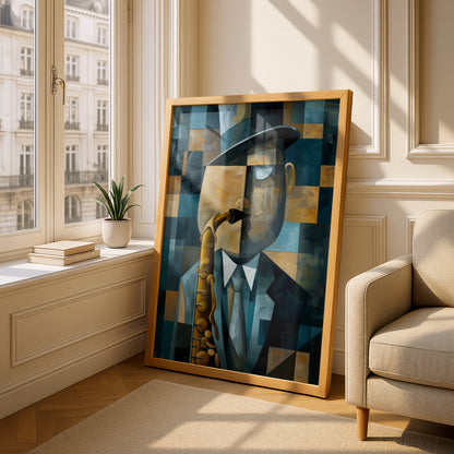 Cubist Saxophone Player Poster, Blue Gold Jazz Wall Art, Abstract Musician Art Print, Living Room — styling mockup 4