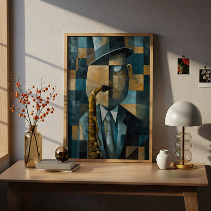 Cubist Saxophone Player Poster, Blue Gold Jazz Wall Art, Abstract Musician Art Print, Living Room — styling mockup 5