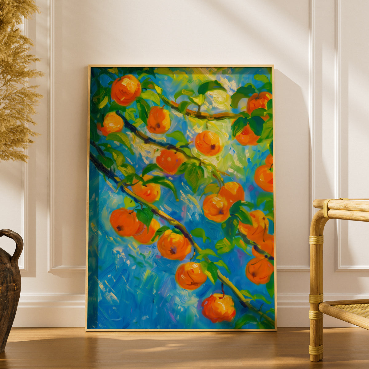 Orange Fruit Tree Poster, Impressionist Oil Painting Wall Art, Colourful Kitchen Art Print — styling mockup 1