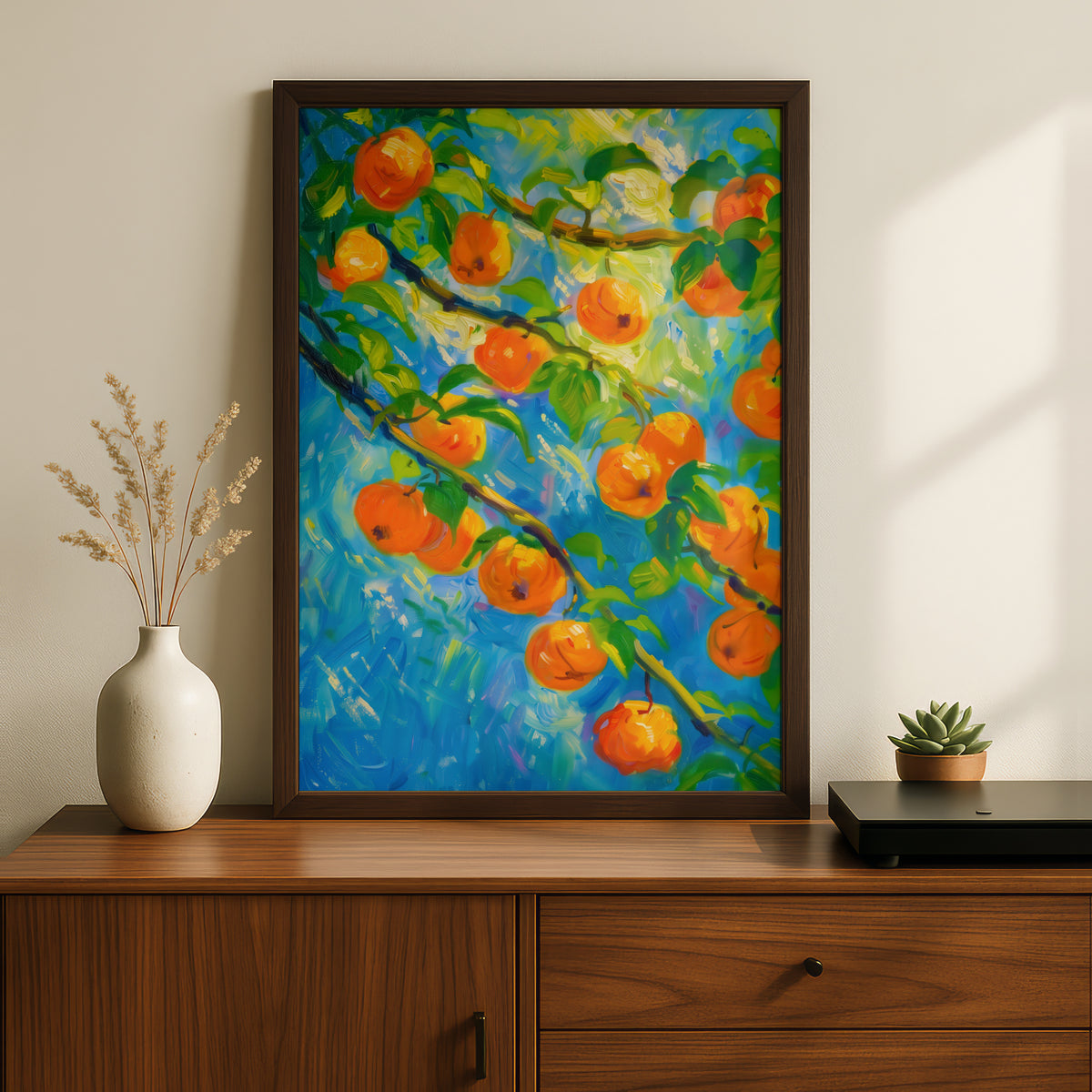 Orange Fruit Tree Poster, Impressionist Oil Painting Wall Art, Colourful Kitchen Art Print — styling mockup 2
