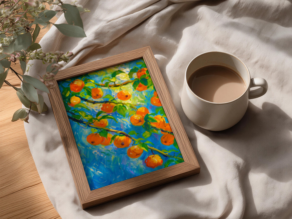Orange Fruit Tree Poster, Impressionist Oil Painting Wall Art, Colourful Kitchen Art Print — styling mockup 3