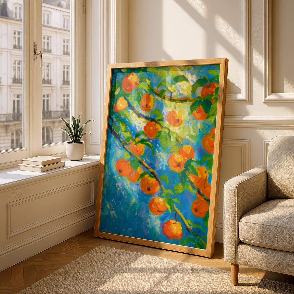 Orange Fruit Tree Poster, Impressionist Oil Painting Wall Art, Colourful Kitchen Art Print — styling mockup 4