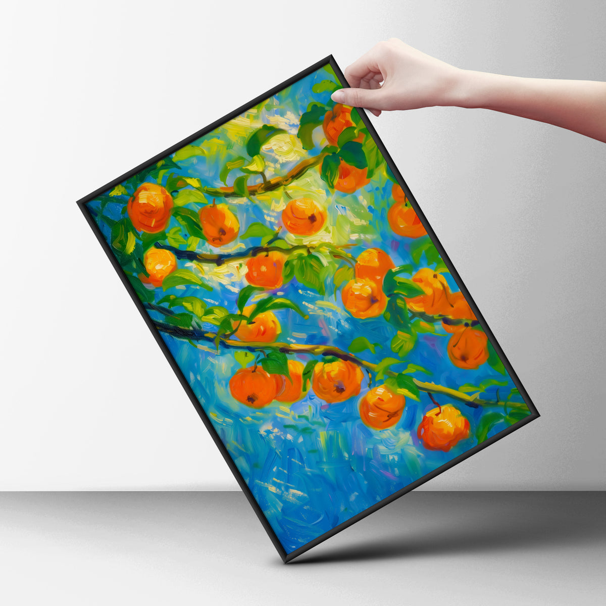 Orange Fruit Tree Poster, Impressionist Oil Painting Wall Art, Colourful Kitchen Art Print — styling mockup 6