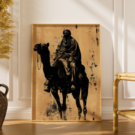 Desert Camel Rider Poster, Black and Tan Wall Art, Vintage Nomad Print, Rustic Living Room Decor — styling mockup 1