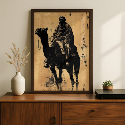Desert Camel Rider Poster, Black and Tan Wall Art, Vintage Nomad Print, Rustic Living Room Decor — styling mockup 2