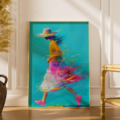 Woman Walking Abstract Painting Poster, Turquoise Pink Yellow Wall Art, Colourful Expressive Art — styling mockup 1