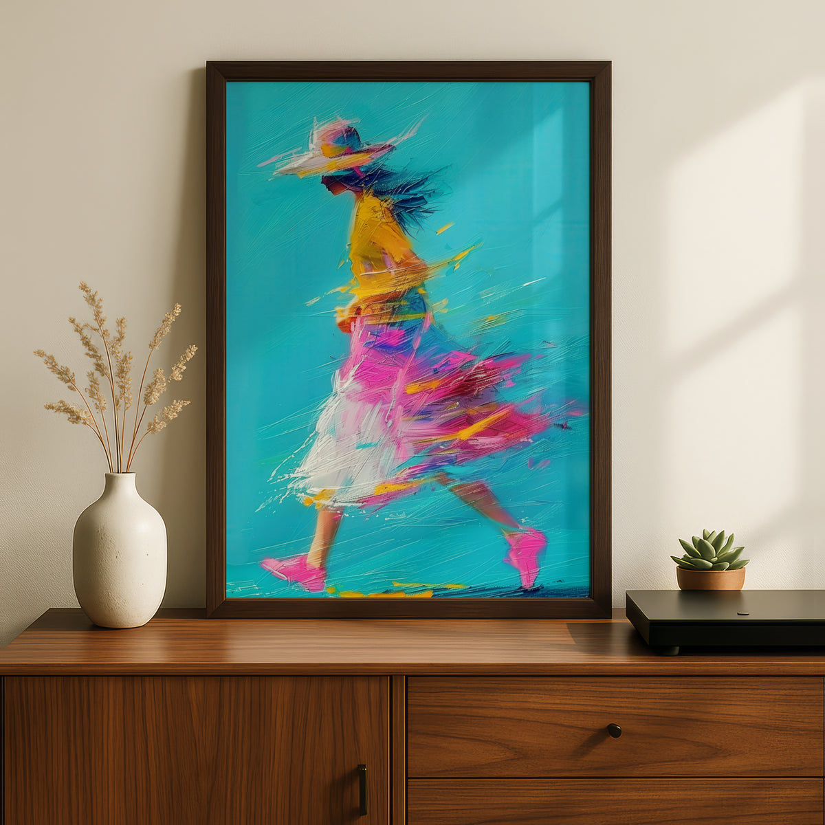 Woman Walking Abstract Painting Poster, Turquoise Pink Yellow Wall Art, Colourful Expressive Art — styling mockup 2