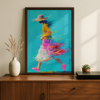 Woman Walking Abstract Painting Poster, Turquoise Pink Yellow Wall Art, Colourful Expressive Art — styling mockup 2