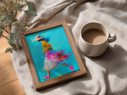 Woman Walking Abstract Painting Poster, Turquoise Pink Yellow Wall Art, Colourful Expressive Art — styling mockup 3