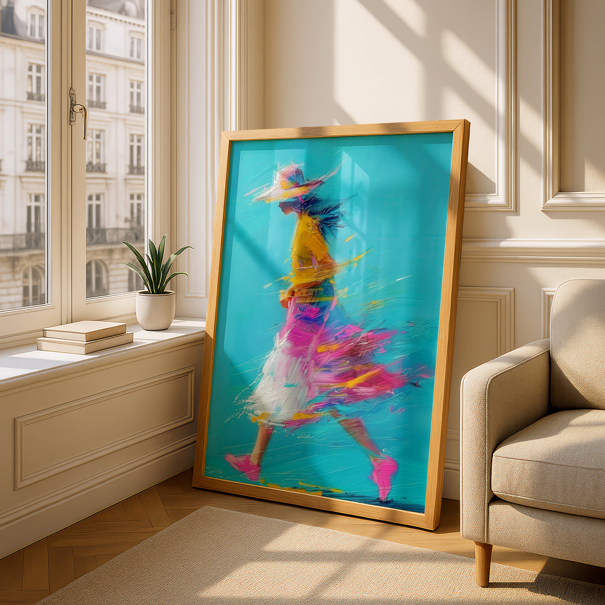 Woman Walking Abstract Painting Poster, Turquoise Pink Yellow Wall Art, Colourful Expressive Art — styling mockup 4