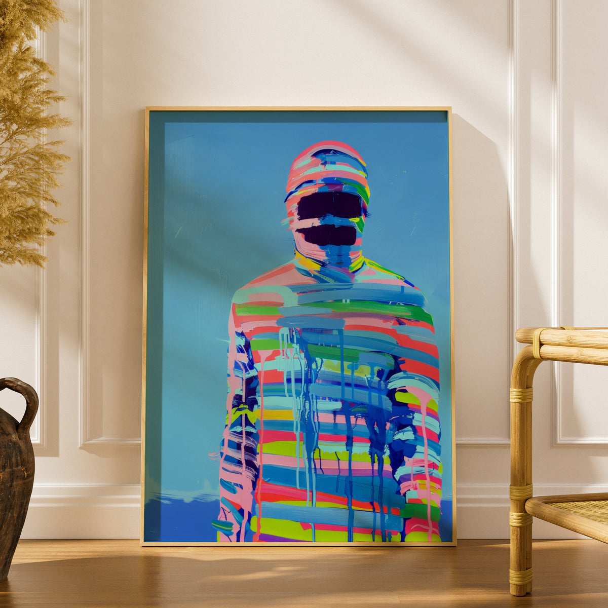 Abstract Figure Poster, Colourful Striped Painting Wall Art, Modern Pop Art Print, Blue Gallery Wall — styling mockup 1