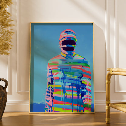 Abstract Figure Poster, Colourful Striped Painting Wall Art, Modern Pop Art Print, Blue Gallery Wall — styling mockup 1
