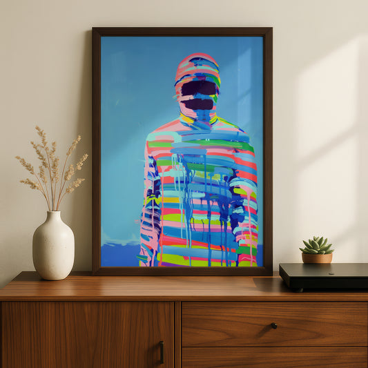 Abstract Figure Poster, Colourful Striped Painting Wall Art, Modern Pop Art Print, Blue Gallery Wall — styling mockup 2