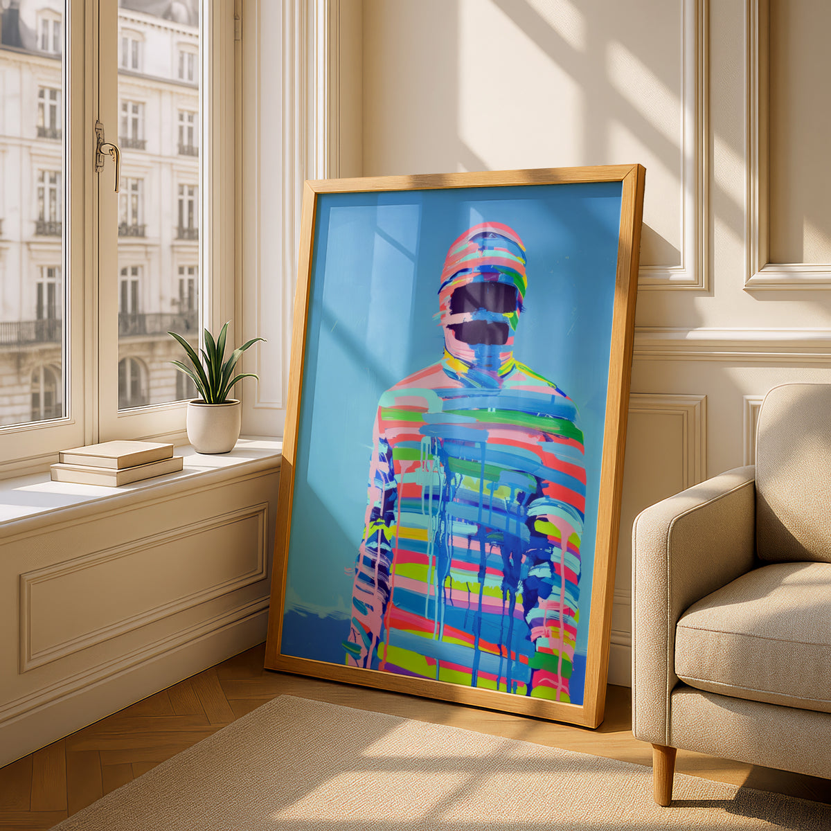 Abstract Figure Poster, Colourful Striped Painting Wall Art, Modern Pop Art Print, Blue Gallery Wall — styling mockup 4