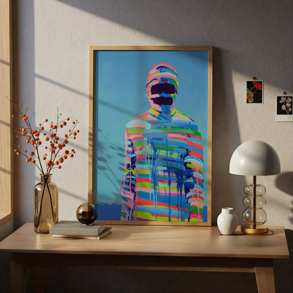 Abstract Figure Poster, Colourful Striped Painting Wall Art, Modern Pop Art Print, Blue Gallery Wall — styling mockup 5