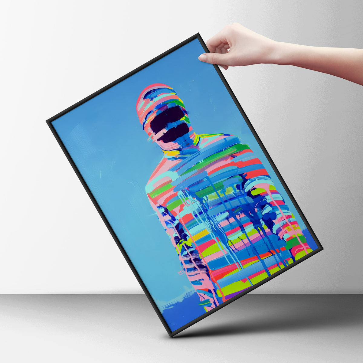 Abstract Figure Poster, Colourful Striped Painting Wall Art, Modern Pop Art Print, Blue Gallery Wall — styling mockup 6