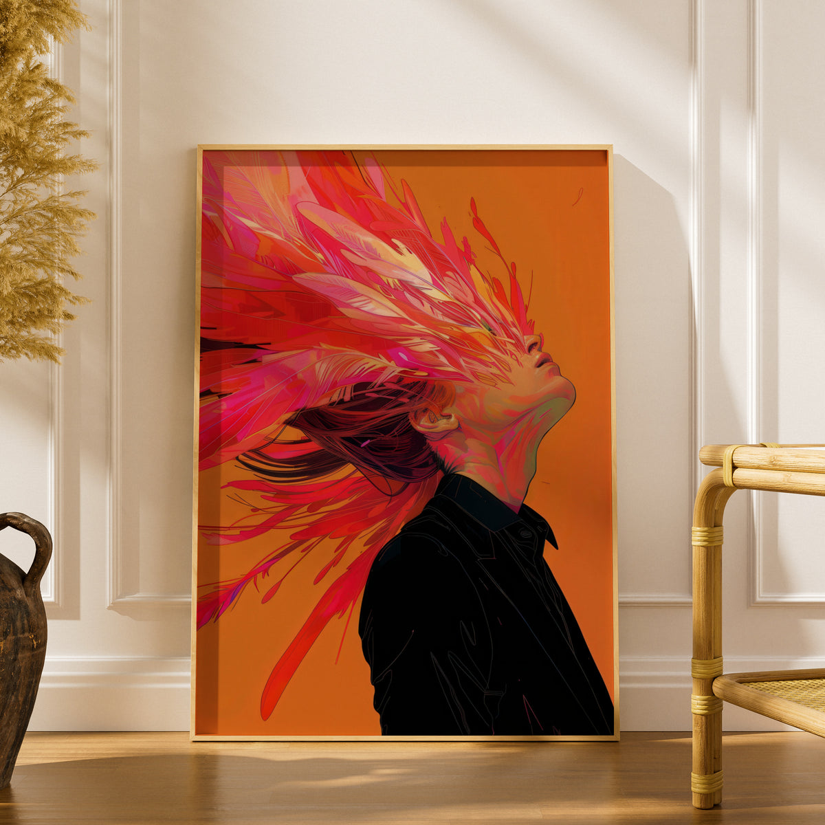 Abstract Portrait Poster, Pink Feather Hair Wall Art, Orange Colourful Art Print for Bedroom — styling mockup 1