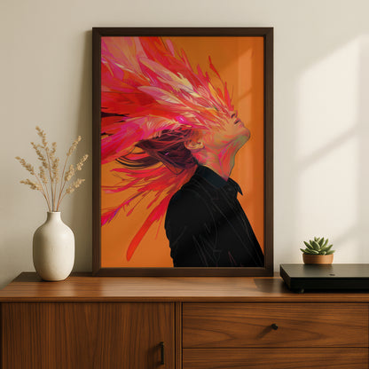 Abstract Portrait Poster, Pink Feather Hair Wall Art, Orange Colourful Art Print for Bedroom — styling mockup 2