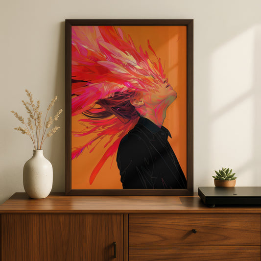 Abstract Portrait Poster, Pink Feather Hair Wall Art, Orange Colourful Art Print for Bedroom — styling mockup 2