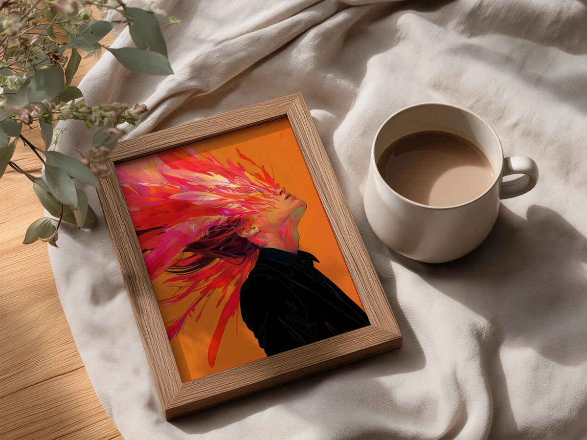 Abstract Portrait Poster, Pink Feather Hair Wall Art, Orange Colourful Art Print for Bedroom — styling mockup 3