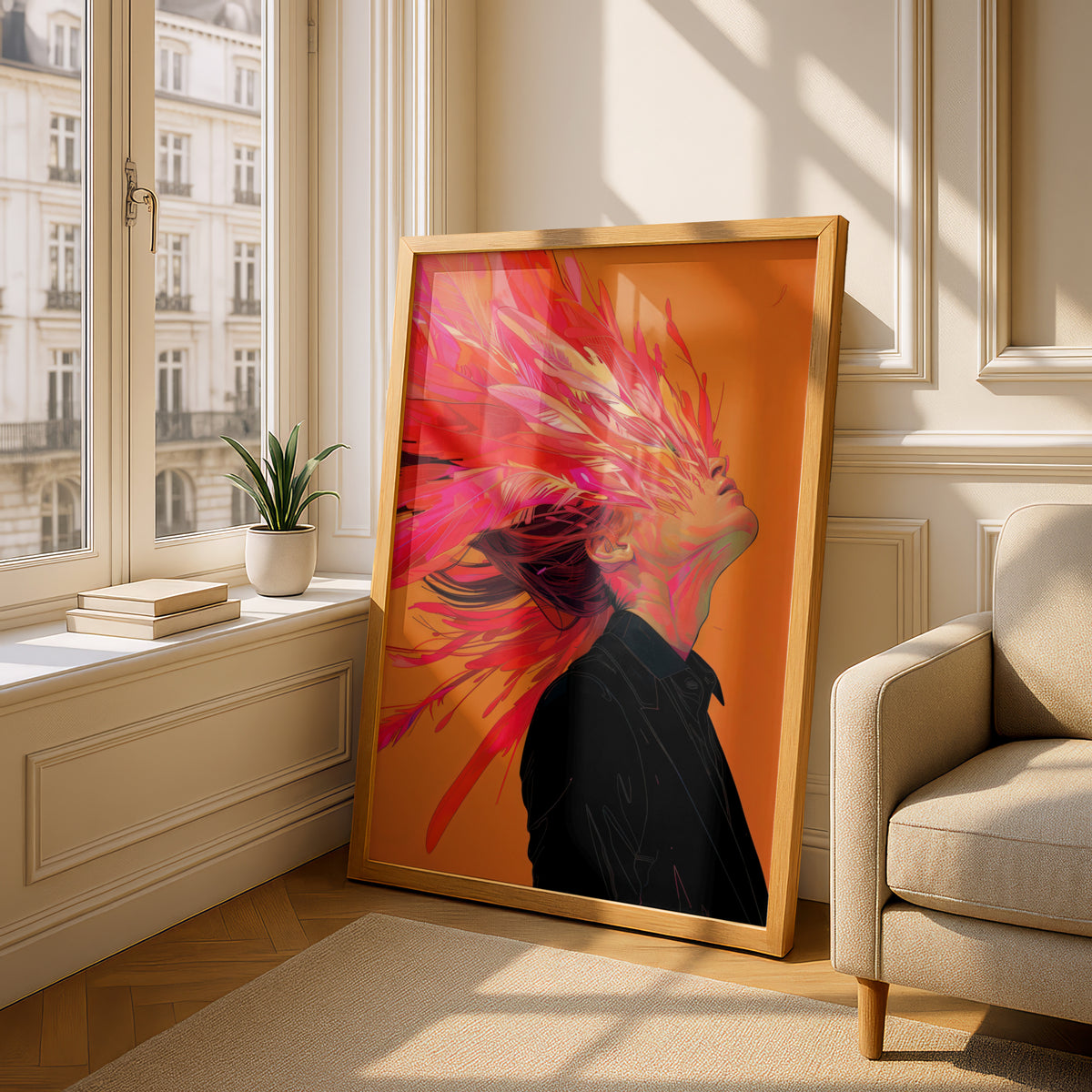Abstract Portrait Poster, Pink Feather Hair Wall Art, Orange Colourful Art Print for Bedroom — styling mockup 4