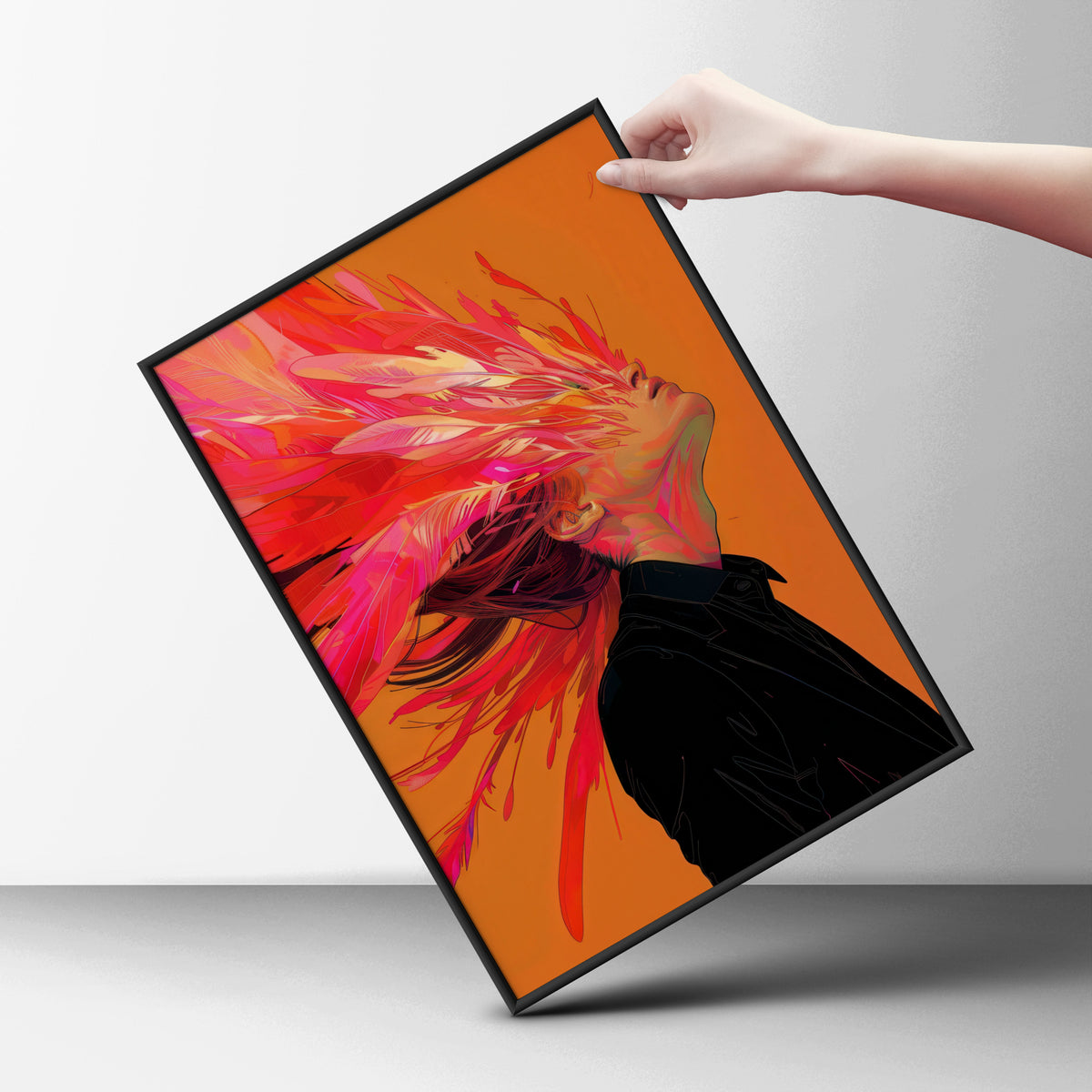 Abstract Portrait Poster, Pink Feather Hair Wall Art, Orange Colourful Art Print for Bedroom — styling mockup 6