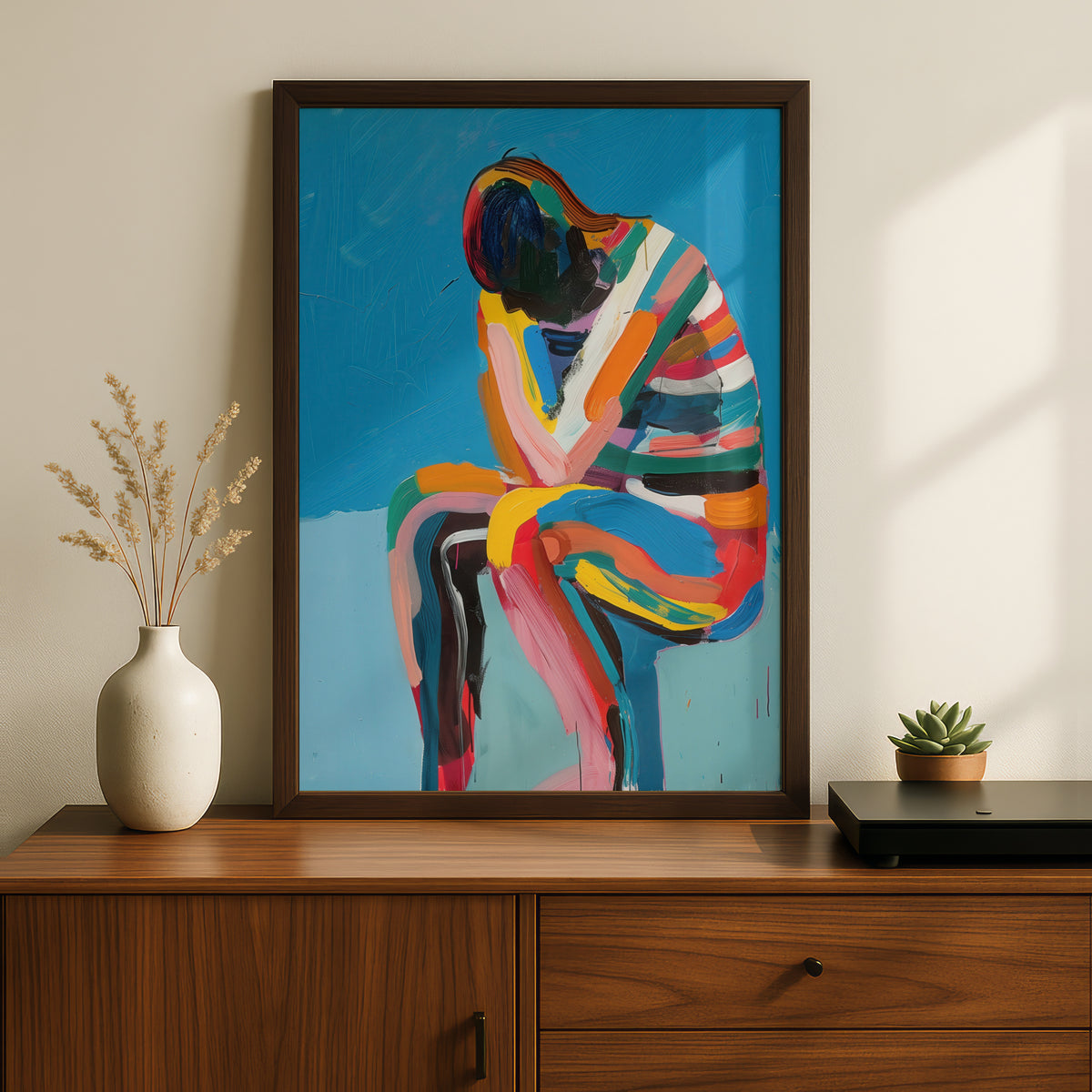 Abstract Seated Figure Poster, Colourful Expressionist Wall Art, Bold Blue Painting Art Print — styling mockup 2