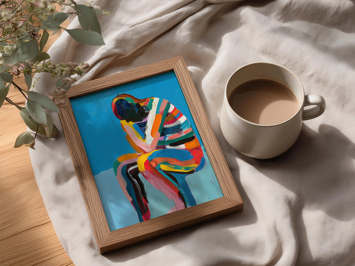 Abstract Seated Figure Poster, Colourful Expressionist Wall Art, Bold Blue Painting Art Print — styling mockup 3