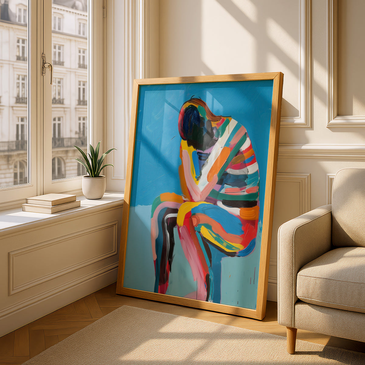 Abstract Seated Figure Poster, Colourful Expressionist Wall Art, Bold Blue Painting Art Print — styling mockup 4