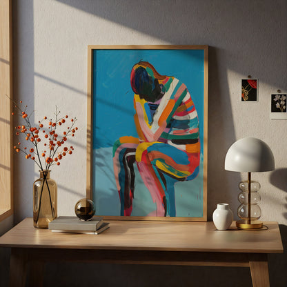 Abstract Seated Figure Poster, Colourful Expressionist Wall Art, Bold Blue Painting Art Print — styling mockup 5