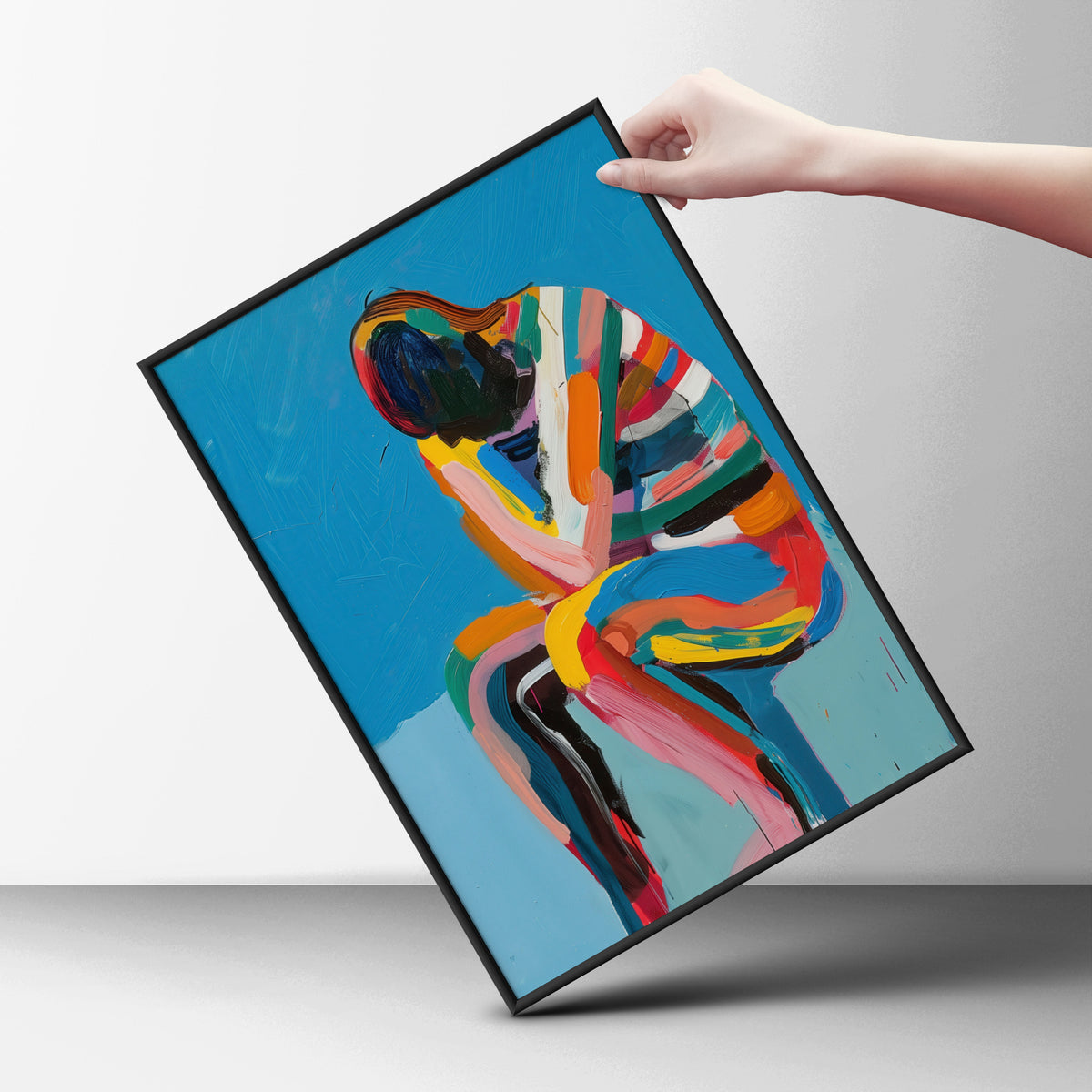 Abstract Seated Figure Poster, Colourful Expressionist Wall Art, Bold Blue Painting Art Print — styling mockup 6