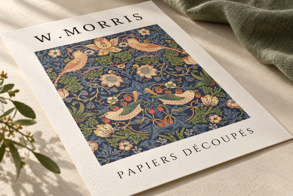 Illustrative mockup of the William Morris Strawberry Thief artwork as an unframed cotton-rag print