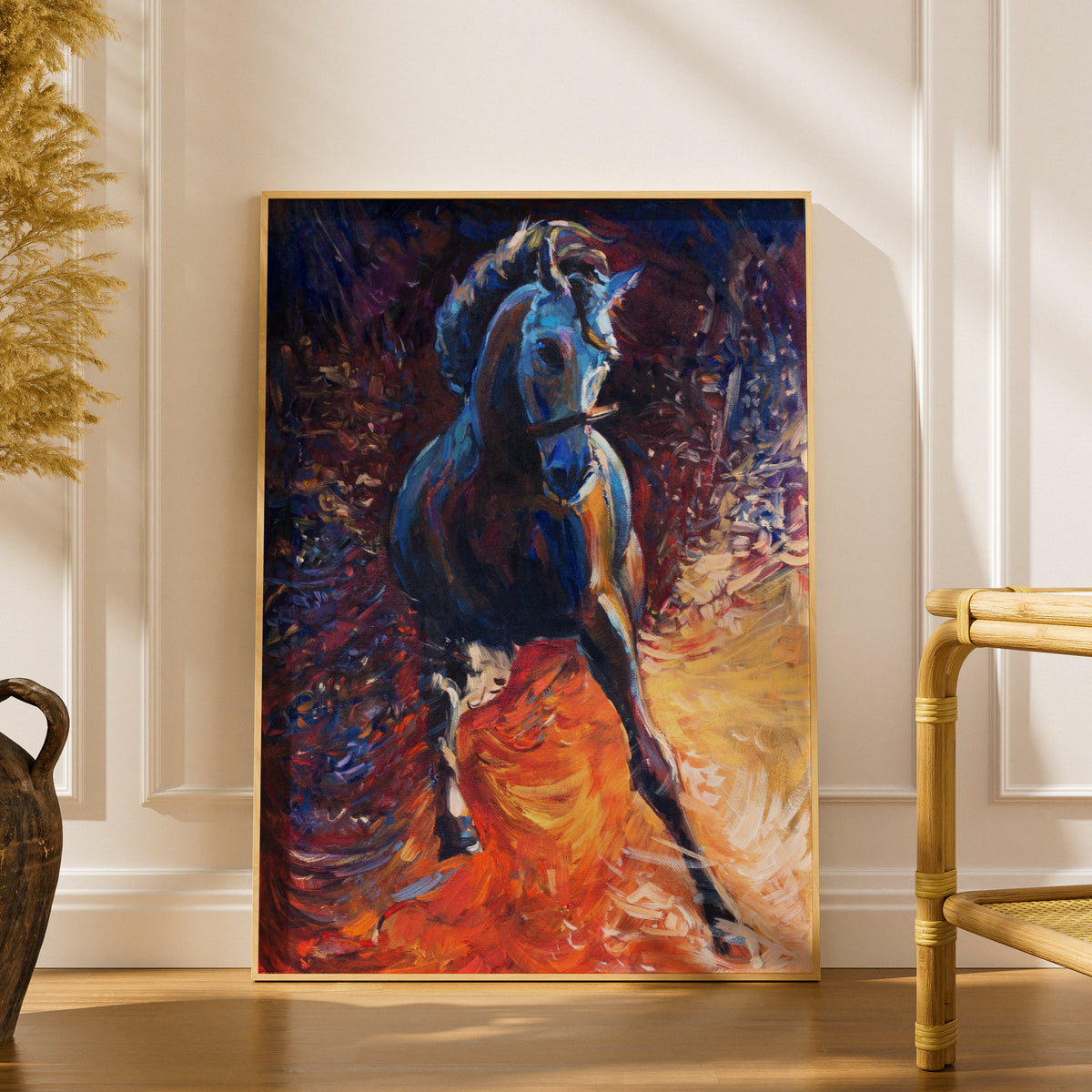 Galloping Blue Horse Oil Painting Print, Expressive Equestrian Poster, Bold Orange Wall Art for — styling mockup 1