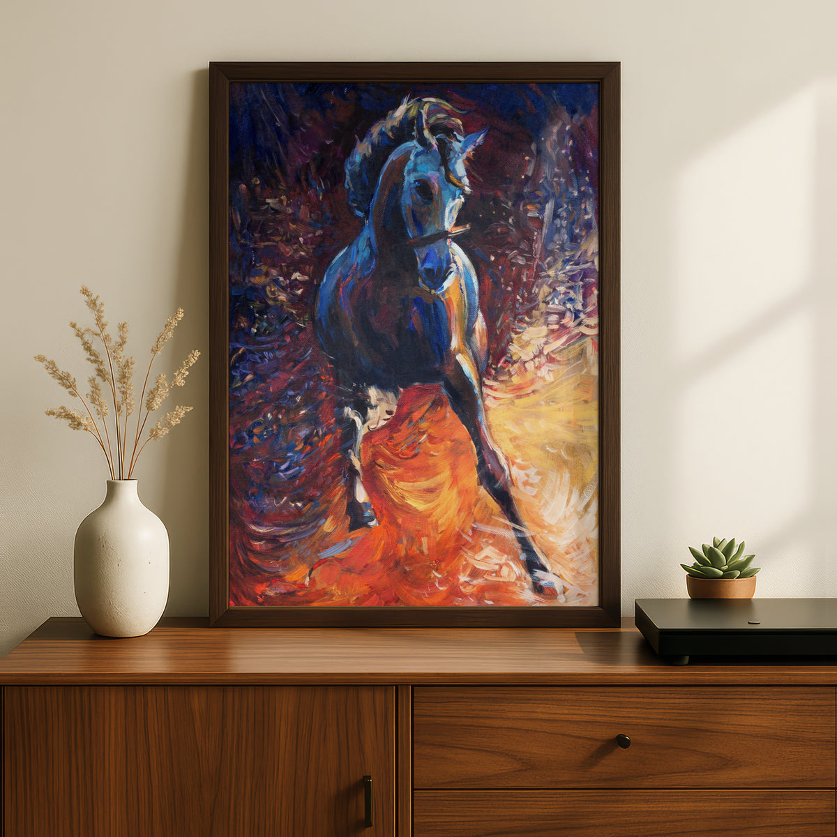 Galloping Blue Horse Oil Painting Print, Expressive Equestrian Poster, Bold Orange Wall Art for — styling mockup 2