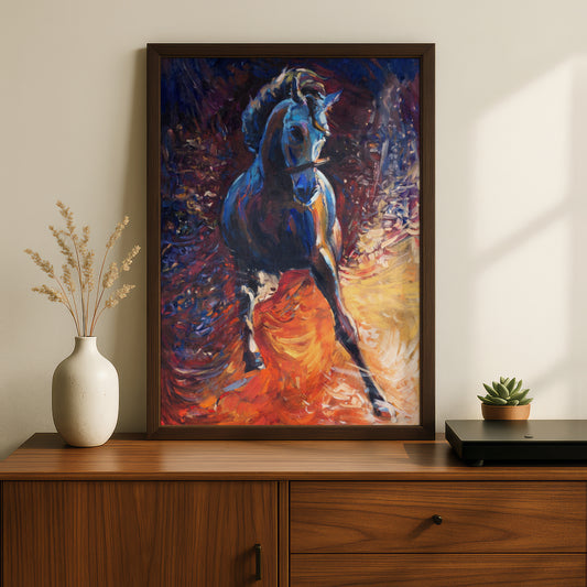Galloping Blue Horse Oil Painting Print, Expressive Equestrian Poster, Bold Orange Wall Art for — styling mockup 2