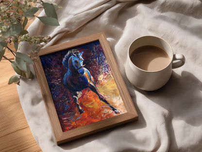 Galloping Blue Horse Oil Painting Print, Expressive Equestrian Poster, Bold Orange Wall Art for — styling mockup 3