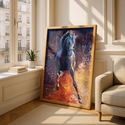 Galloping Blue Horse Oil Painting Print, Expressive Equestrian Poster, Bold Orange Wall Art for — styling mockup 4