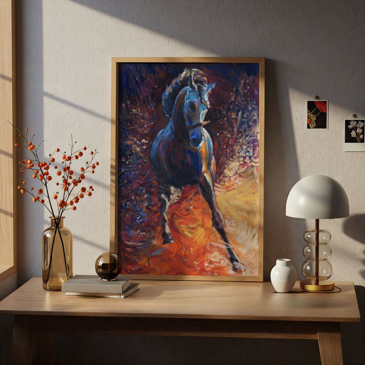 Galloping Blue Horse Oil Painting Print, Expressive Equestrian Poster, Bold Orange Wall Art for — styling mockup 5