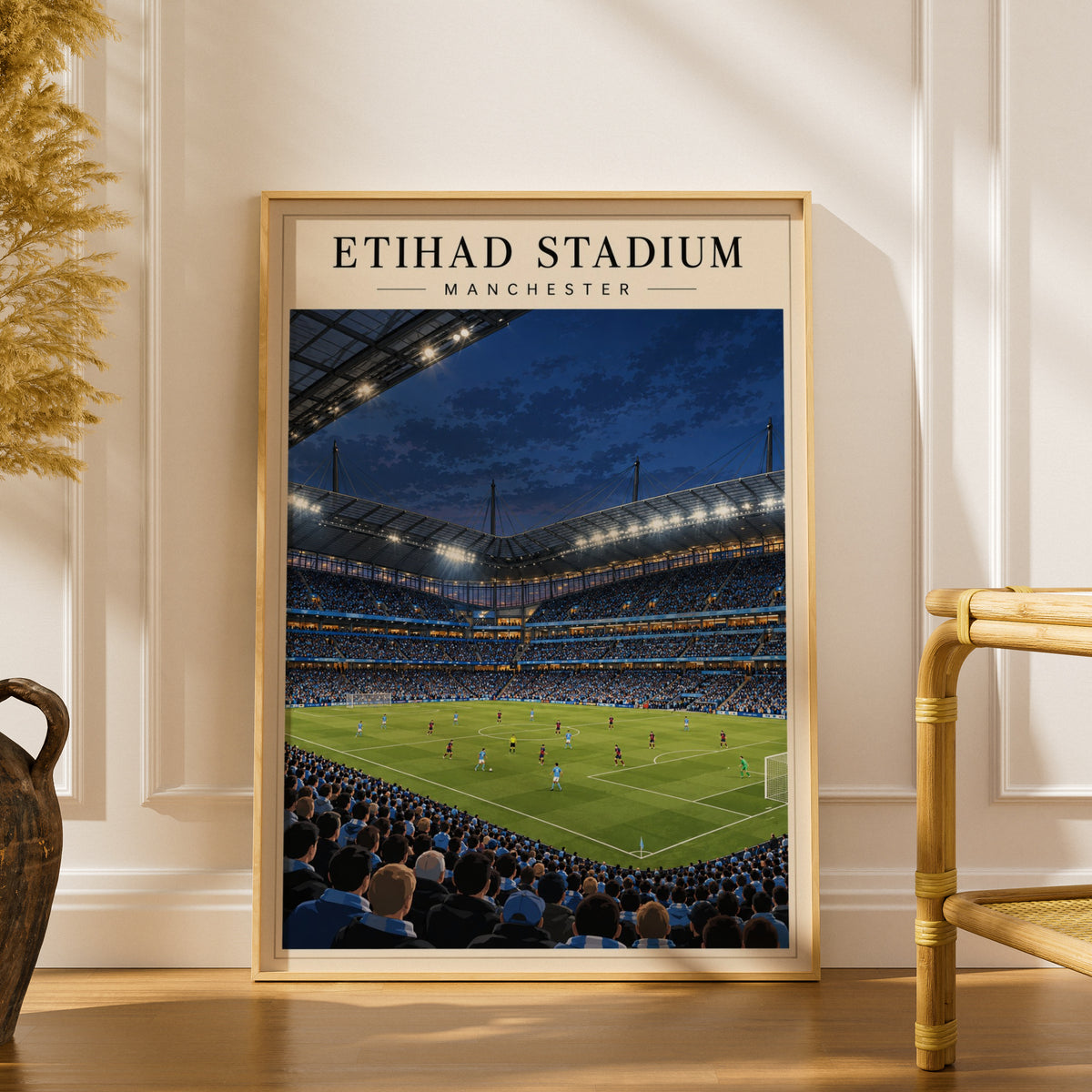Etihad Stadium Manchester Football Poster — framed room mockup 1