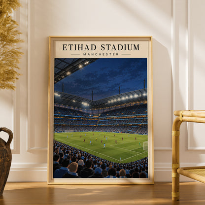 Etihad Stadium Manchester Football Poster — framed room mockup 1