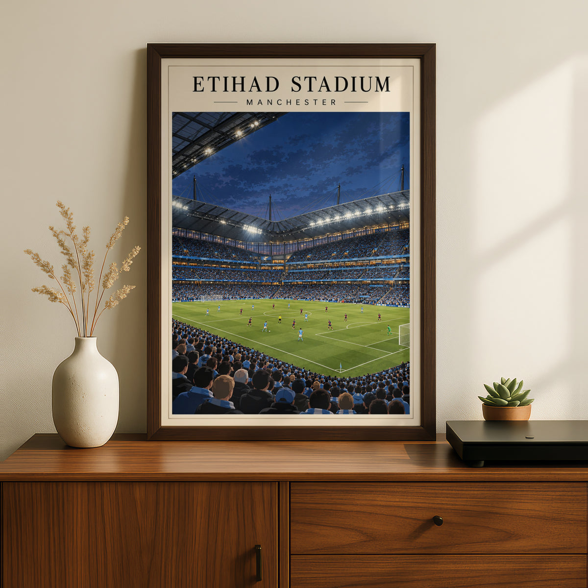 Etihad Stadium Manchester Football Poster — framed room mockup 2