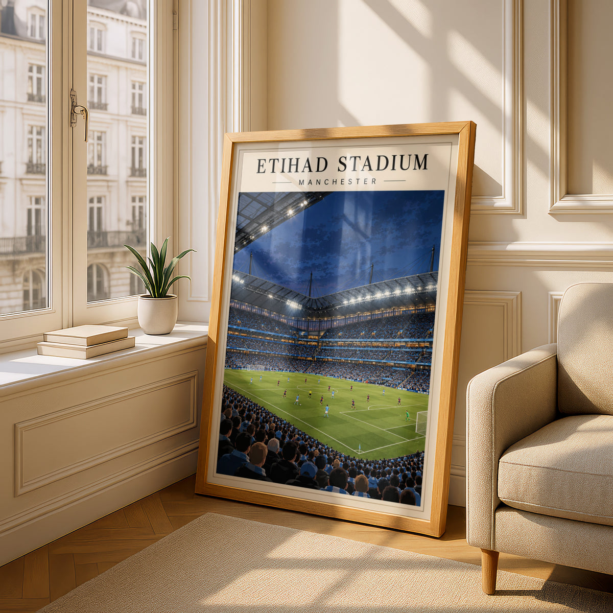 Etihad Stadium Manchester Football Poster — framed room mockup 4