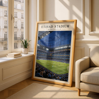 Etihad Stadium Manchester Football Poster — framed room mockup 4