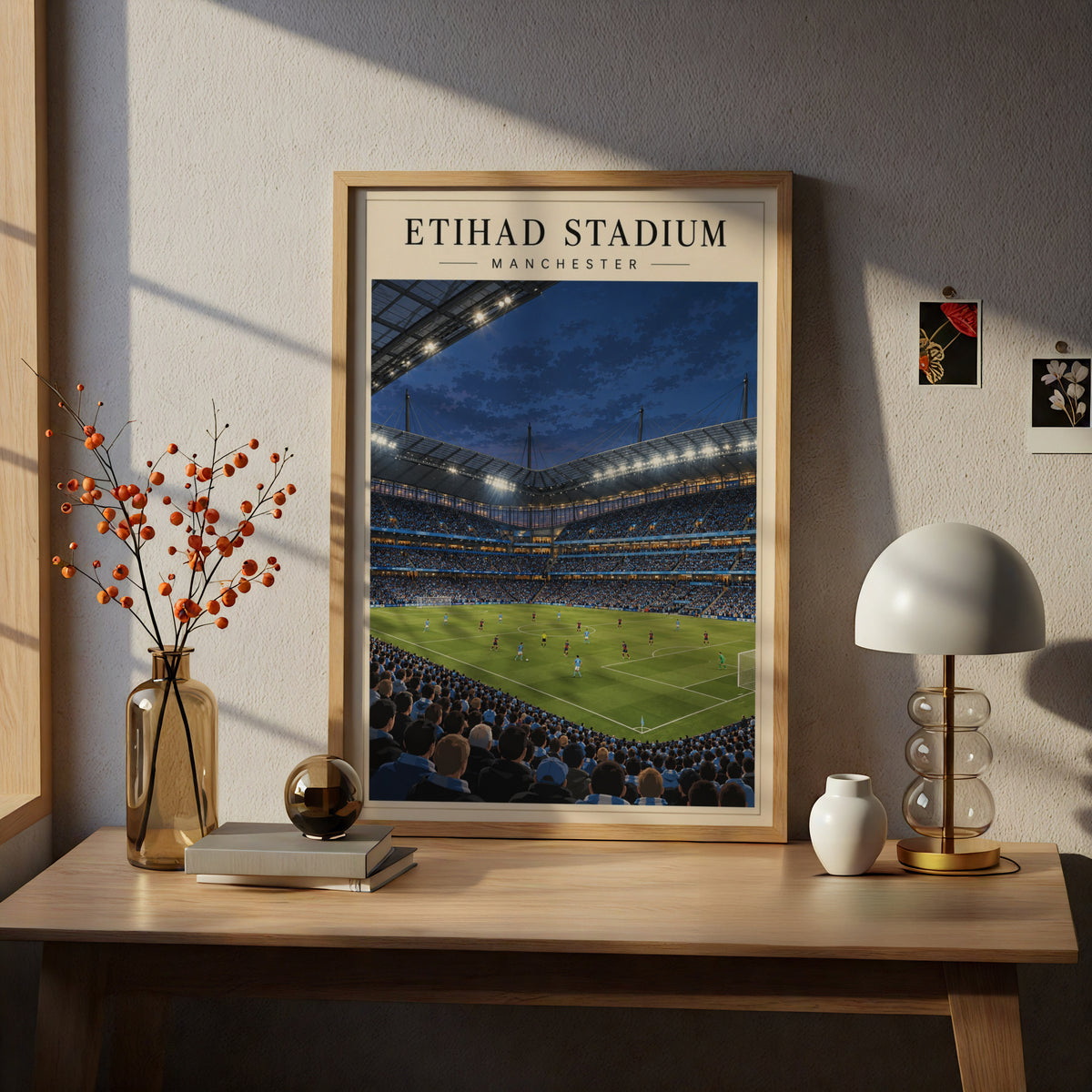 Etihad Stadium Manchester Football Poster — framed room mockup 5