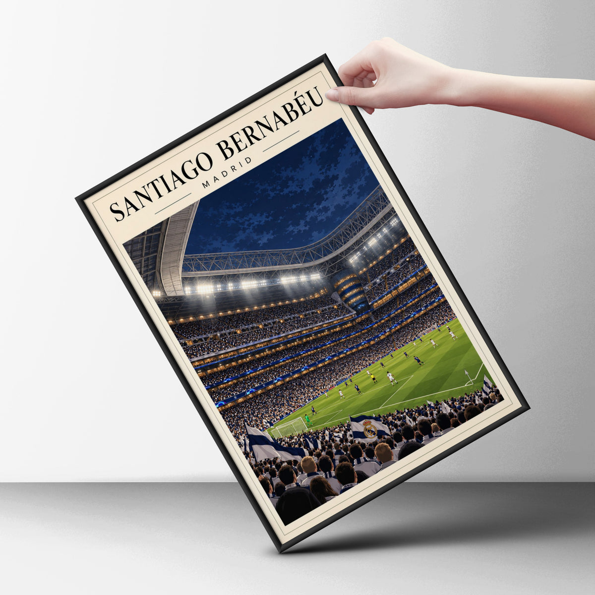 Santiago Bernabeu Madrid Stadium Poster — framed room mockup 6