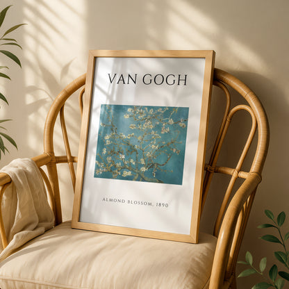 Van Gogh Almond Blossom Wall Art Print | Teal Floral Botanical Poster, Living Room Decor – A5 White frame