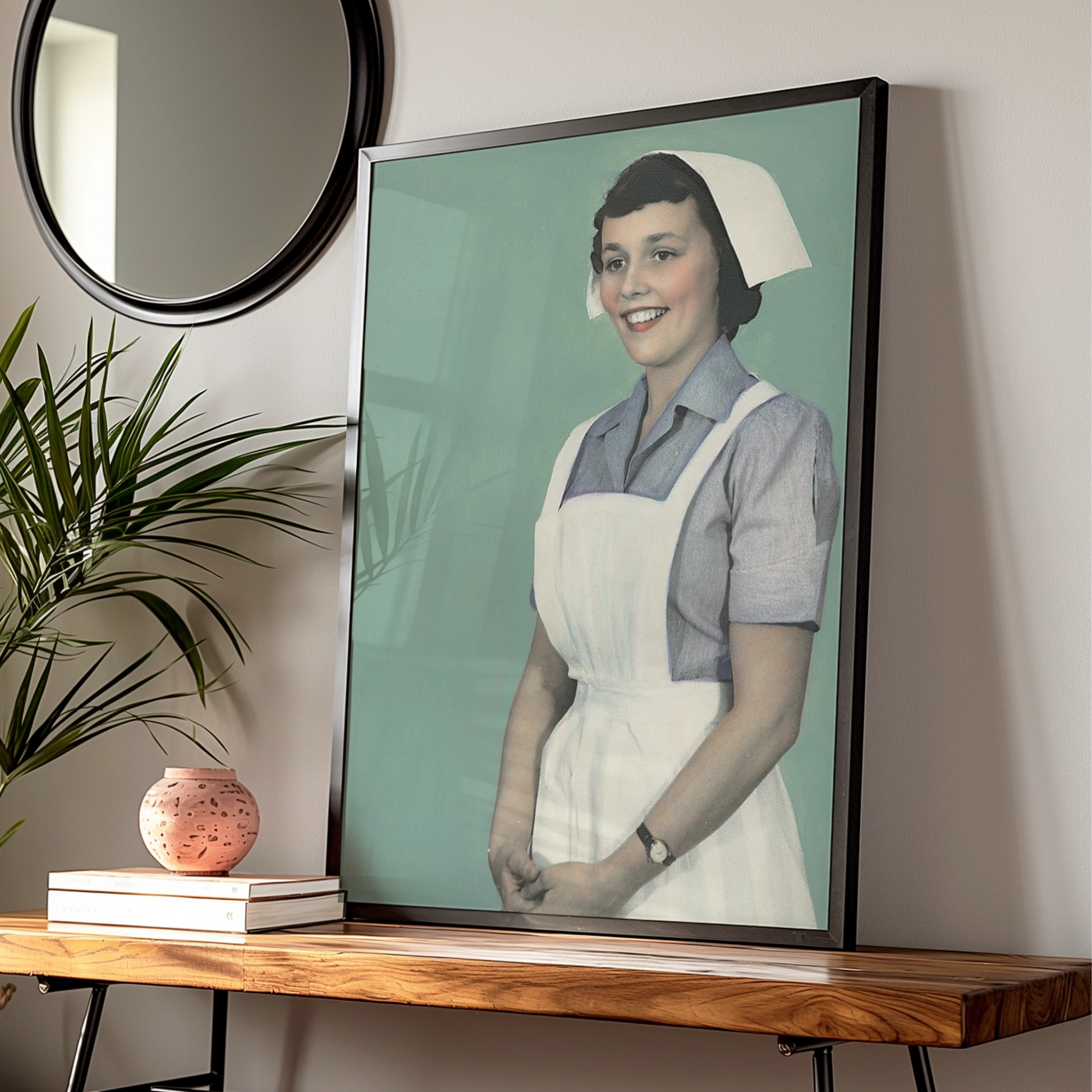 Vintage Nurse Portrait Poster, Retro Halloween Costume Wall Art, 1950s Teal Print