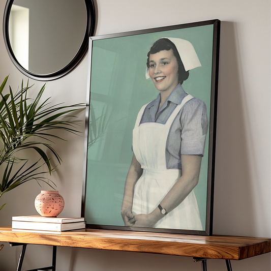 Vintage Nurse Portrait Poster, Retro Halloween Costume Wall Art, 1950s Teal Print