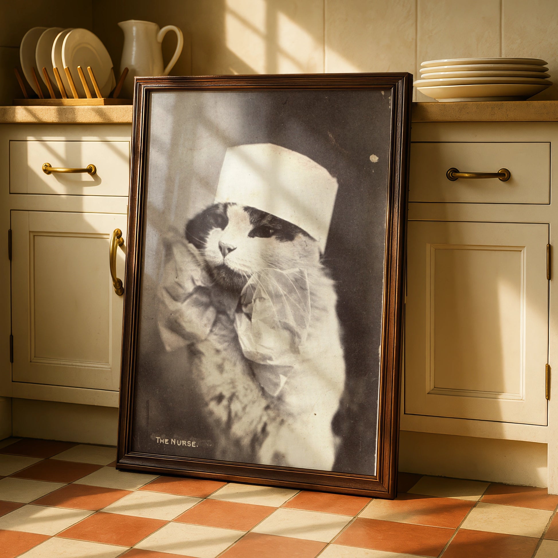 Halloween Cat Nurse Poster, Vintage Sepia Victorian Animal Wall Art Print