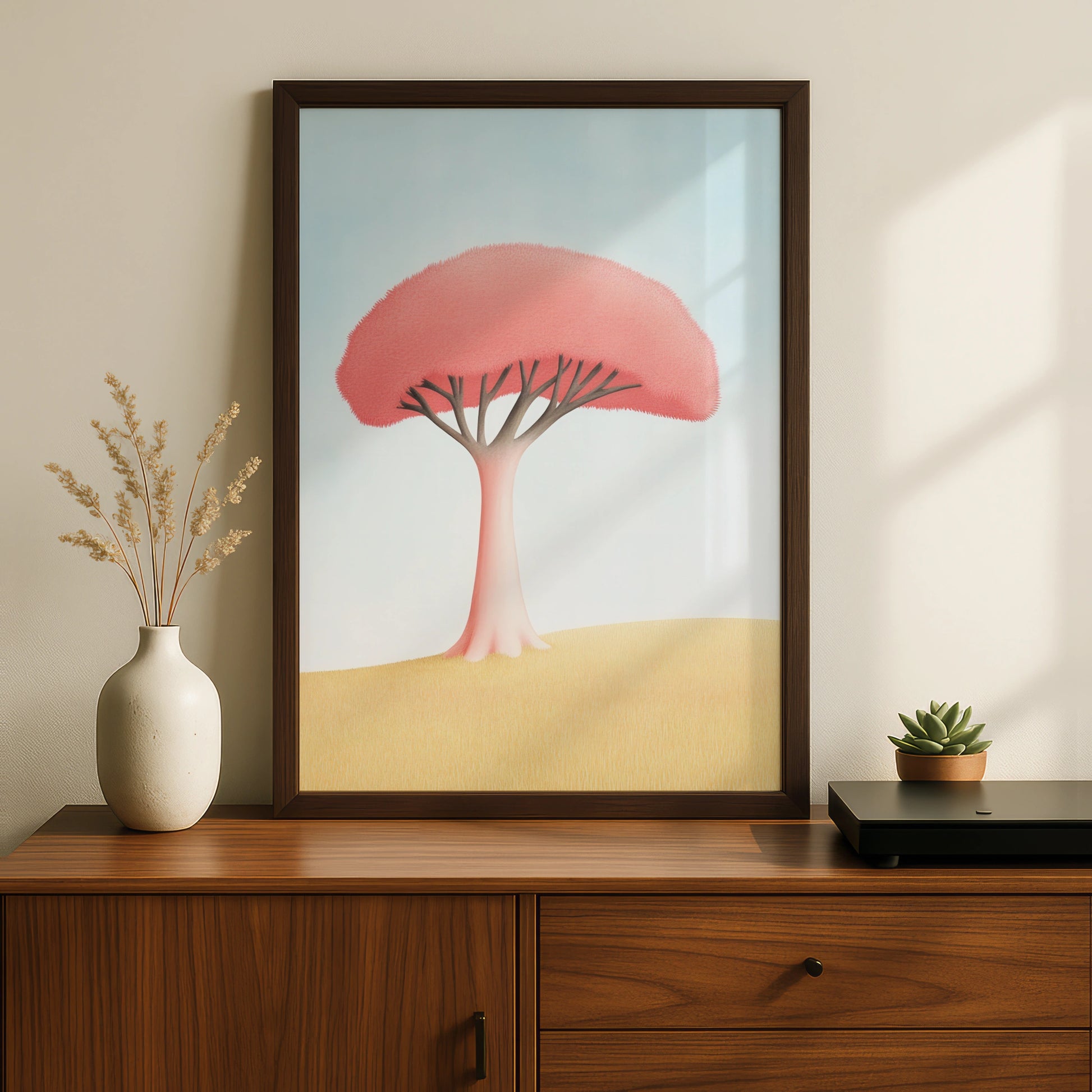 Pink Tree Nursery Wall Art, Pastel Nature Print, Baby Room Poster, Kids Decor